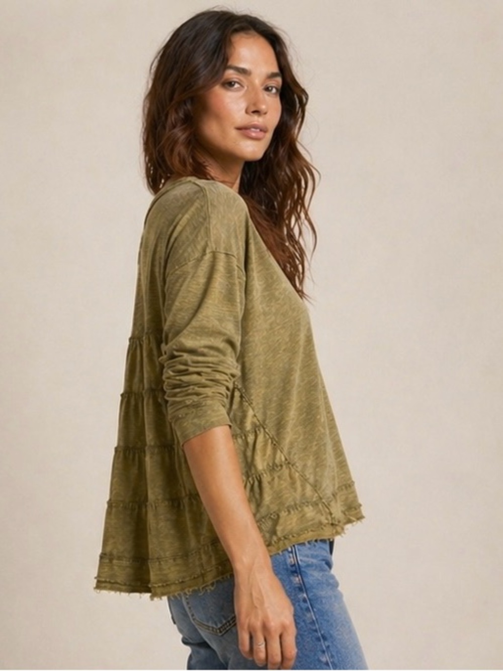 Pilcro Urban Outfitters Olive Henley Top Raw Hem Boho Relaxed Fit L